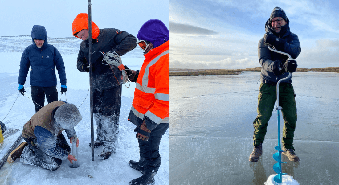 Scientists and technicians from Globe Institute and the University of Iceland coring through ice at lake Valavatn, on the Snæfellsnes peninsula in Iceland, in March 2022 (photo: Arndís Bergsdóttir).